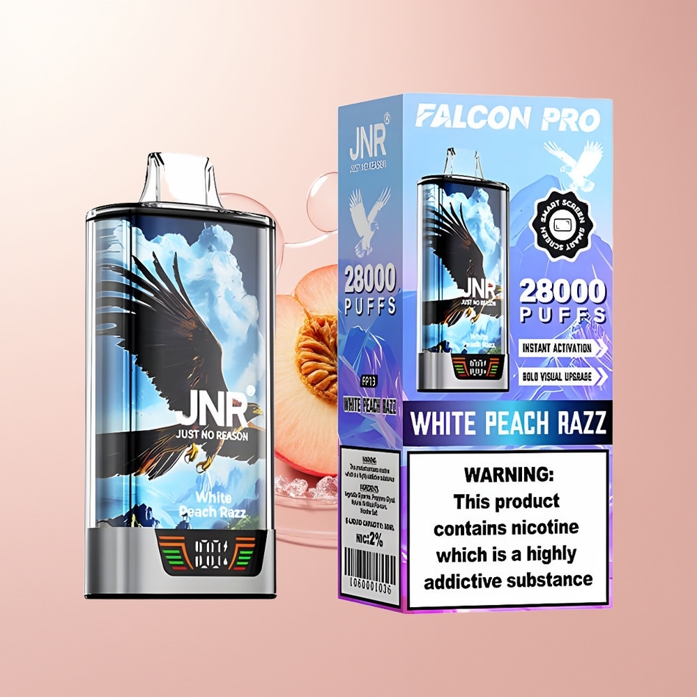 White Peach Razz JNR Falcon Pro 28000 Puffs Disposable Vape Smart Display